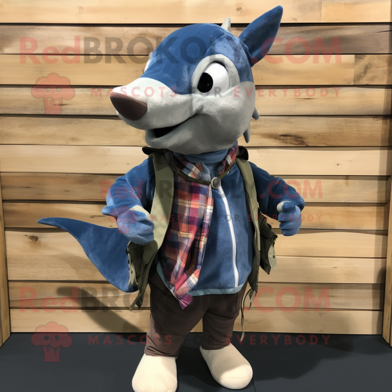 Blue Swordfish mascot costume character dressed with a Flannel Shirt and Scarf clips Blue Swordfish mascot costume character dressed with a Flannel Shirt and Scarf clips