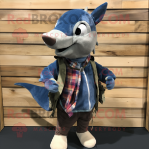 Blue Swordfish mascot costume character dressed with a Flannel Shirt and Scarf clips