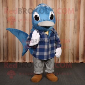 Blue Swordfish mascot costume character dressed with a Flannel Shirt and Scarf clips