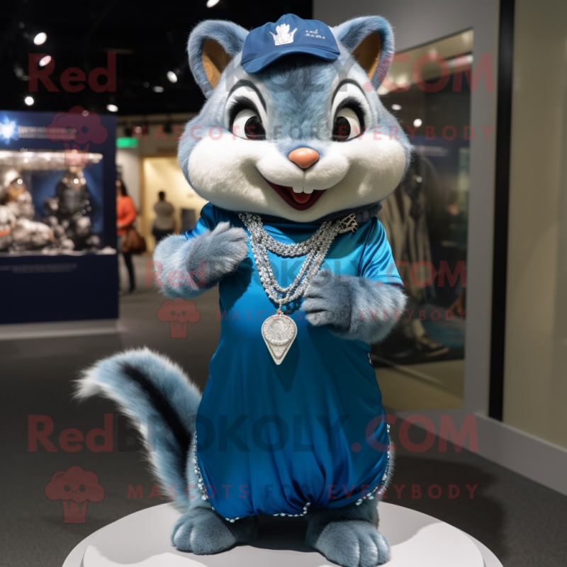 Blue Chipmunk mascot costume character dressed with a Mini Dress and Necklaces Blue Chipmunk mascot costume character dressed with a Mini Dress and Necklaces
