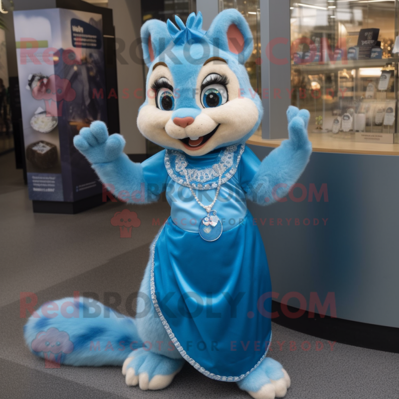 Blue Chipmunk mascot costume character dressed with a Mini Dress and Necklaces