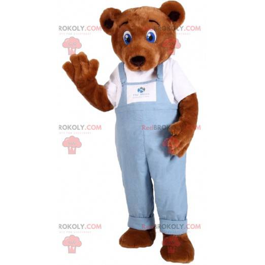 Mascote urso pardo com macacão azul - Redbrokoly.com