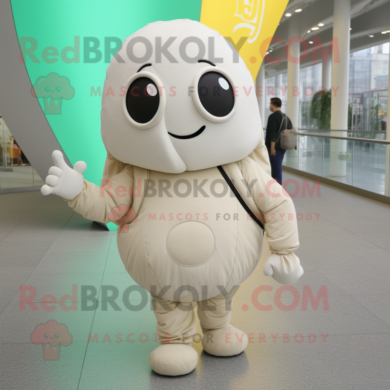 Cream Aglet mascot costume character dressed with a Bodysuit and Backpacks