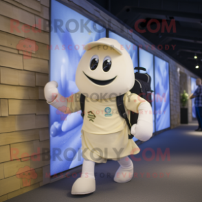 Cream Aglet mascot costume character dressed with a Bodysuit and Backpacks