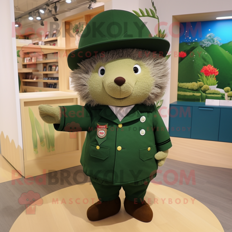 Forest Green Hedgehog mascot costume character dressed with a Jacket and Berets