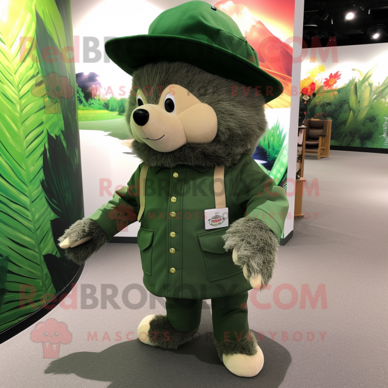 Forest Green Hedgehog mascot costume character dressed with a Jacket and Berets