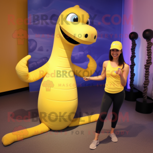 Yellow Brachiosaurus mascot costume character dressed with a Yoga Pants and Caps