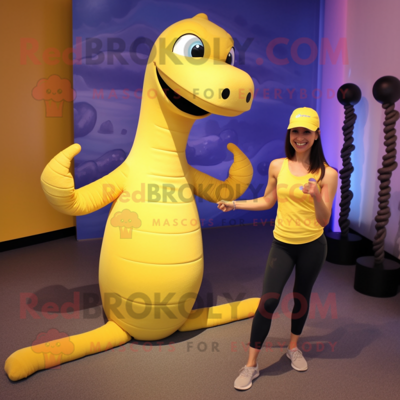 Yellow Brachiosaurus mascot costume character dressed with a Yoga Pants and Caps Yellow Brachiosaurus mascot costume character dressed with a Yoga Pants and Caps