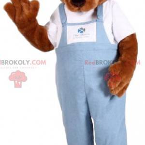 Brun björnmaskot med blå overall - Redbrokoly.com