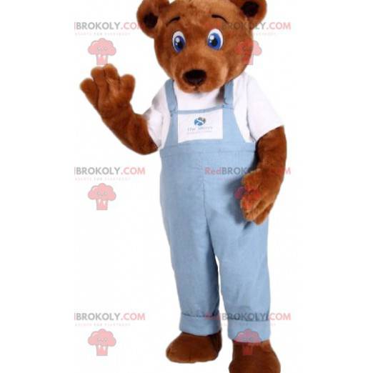 Brun björnmaskot med blå overall - Redbrokoly.com