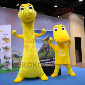 Yellow Brachiosaurus mascot costume character dressed with a Yoga Pants and Caps