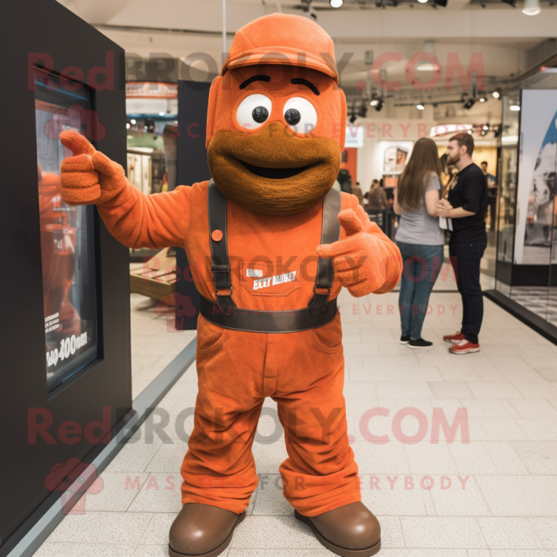 Rust Soldier mascot costume character dressed with a Dungarees and Bracelet watches Rust Soldier mascot costume character dressed with a Dungarees and Bracelet watches