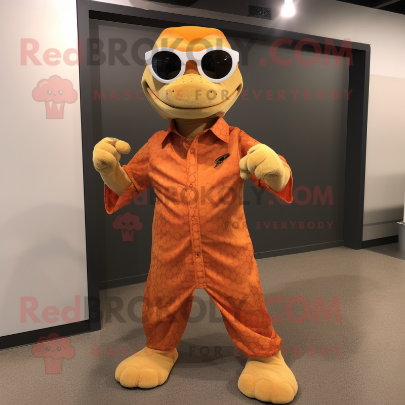 Orange Python mascot costume character dressed with a Poplin Shirt and Eyeglasses