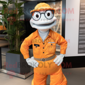 Orange Python mascot costume character dressed with a Poplin Shirt and Eyeglasses