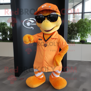 Orange Python mascot costume character dressed with a Poplin Shirt and Eyeglasses