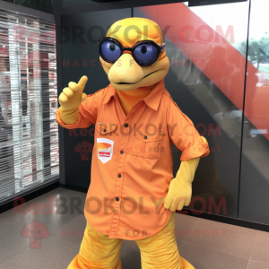 Orange Python mascot costume character dressed with a Poplin Shirt and Eyeglasses