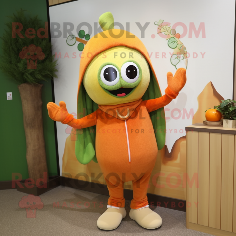 Olive Orange mascot costume character dressed with a Sweater and Beanies Olive Orange mascot costume character dressed with a Sweater and Beanies