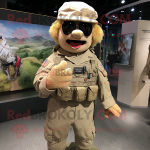 Beige American Soldier mascot costume character dressed with a Rash Guard and Hairpins