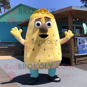 Lemon Yellow Potato mascot costume character dressed with a Board Shorts and Mittens