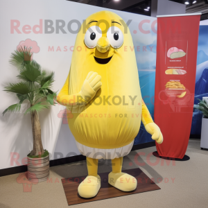 Lemon Yellow Potato mascot costume character dressed with a Board Shorts and Mittens