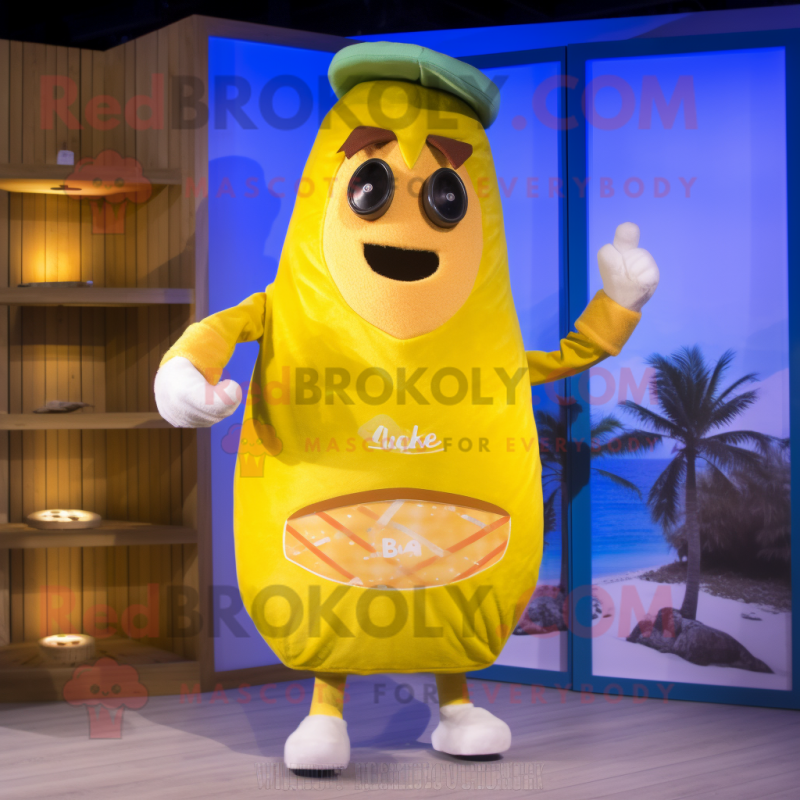 Lemon Yellow Potato mascot costume character dressed with a Board Shorts and Mittens