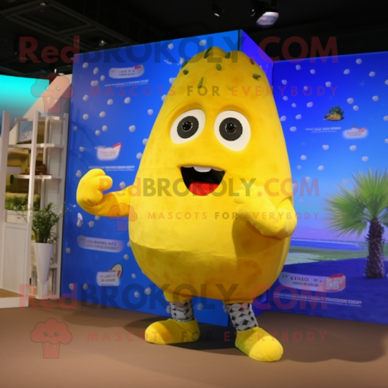 Lemon Yellow Potato mascot costume character dressed with a Board Shorts and Mittens