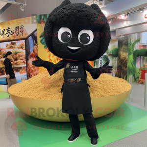 Black Fried Rice mascot costume character dressed with a Jeggings and Earrings