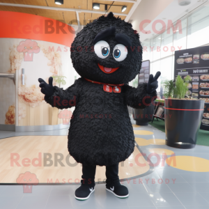 Black Fried Rice mascot costume character dressed with a Jeggings and Earrings