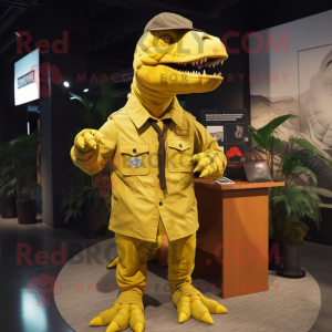 Lemon Yellow Tyrannosaurus mascot costume character dressed with a Cargo Pants and Wraps
