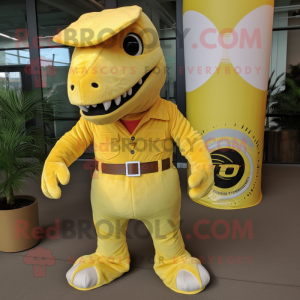 Lemon Yellow Tyrannosaurus mascot costume character dressed with a Cargo Pants and Wraps