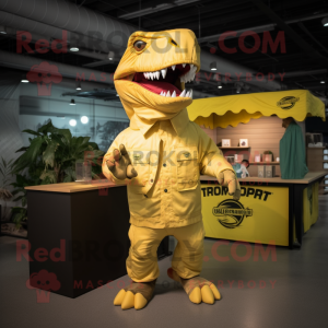 Lemon Yellow Tyrannosaurus mascot costume character dressed with a Cargo Pants and Wraps