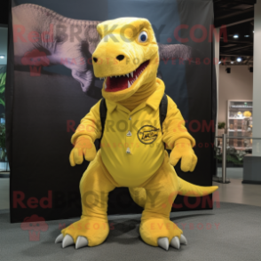 Lemon Yellow Tyrannosaurus mascot costume character dressed with a Cargo Pants and Wraps