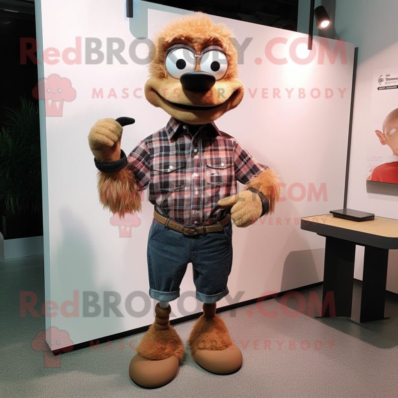 Brown Ostrich mascot costume character dressed with a Flannel Shirt and Smartwatches