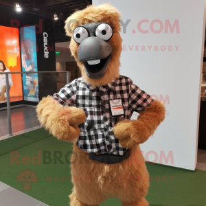 Brown Ostrich mascot costume character dressed with a Flannel Shirt and Smartwatches