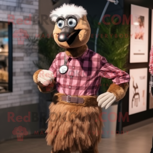 Brown Ostrich mascot costume character dressed with a Flannel Shirt and Smartwatches