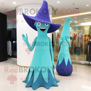 Cyan Witch'S Hat mascot costume character dressed with a One-Piece Swimsuit and Clutch bags