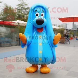 Blue Hot Dog mascot costume character dressed with a Raincoat and Foot pads