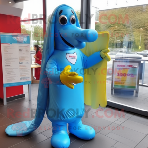 Blue Hot Dog mascot costume character dressed with a Raincoat and Foot pads