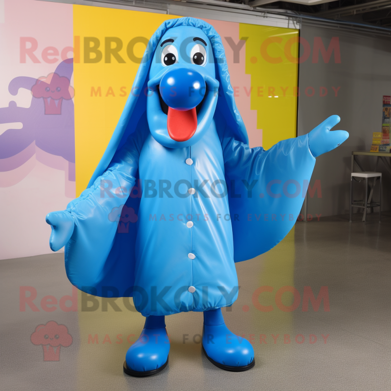 Blue Hot Dog mascot costume character dressed with a Raincoat and Foot pads