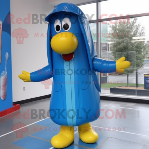 Blue Hot Dog mascot costume character dressed with a Raincoat and Foot pads