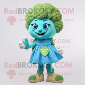 Cyan Broccoli mascot costume character dressed with a Blouse and Bracelets
