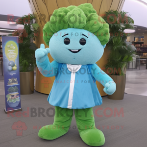 Cyan Broccoli mascot costume character dressed with a Blouse and Bracelets