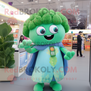 Cyan Broccoli mascot costume character dressed with a Blouse and Bracelets