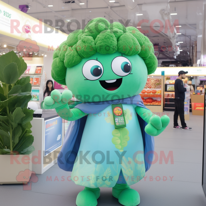 Cyan Broccoli mascot costume character dressed with a Blouse and Bracelets Cyan Broccoli mascot costume character dressed with a Blouse and Bracelets