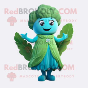 Cyan Broccoli mascot costume character dressed with a Blouse and Bracelets