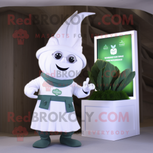 White Spinach mascot costume character dressed with a Coat and Watches