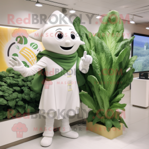 White Spinach mascot costume character dressed with a Coat and Watches