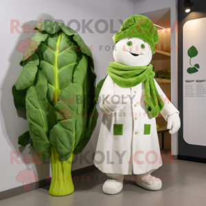 White Spinach mascot costume character dressed with a Coat and Watches