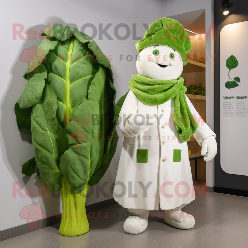 White Spinach mascot costume character dressed with a Coat and Watches White Spinach mascot costume character dressed with a Coat and Watches