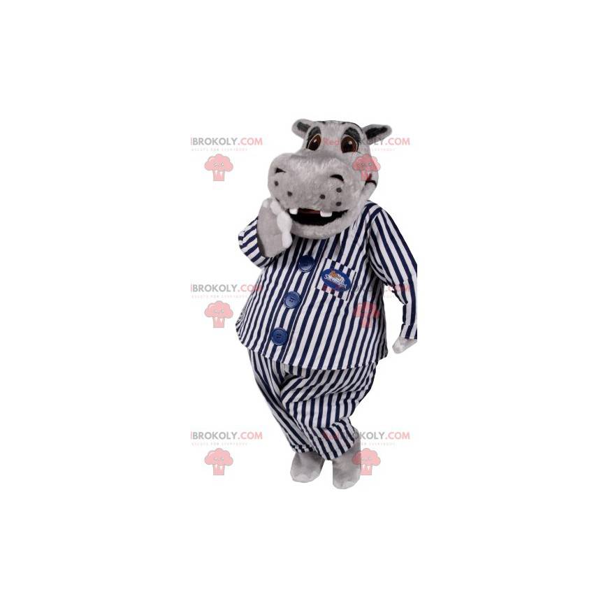 Grå hyppotamus maskot i stribet pyjamas. - Redbrokoly.com Grå hyppotamus maskot i stribet pyjamas. - Redbrokoly.com
